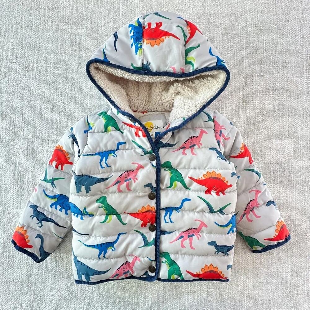 Baby Boden Dino Print Fleece Lined Quilted Jacket PLAY 2/3 - Size 2T